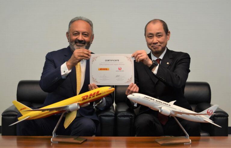 (From left) Tony Khan, president and representative director of DHL Japan and Yuichiro Kito, executive officer - Cargo & Mail of Japan Airlines. Photo: Japan Airlines